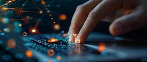 the hand on top, with an outstretched finger about to press down onto a laptop keyboard.