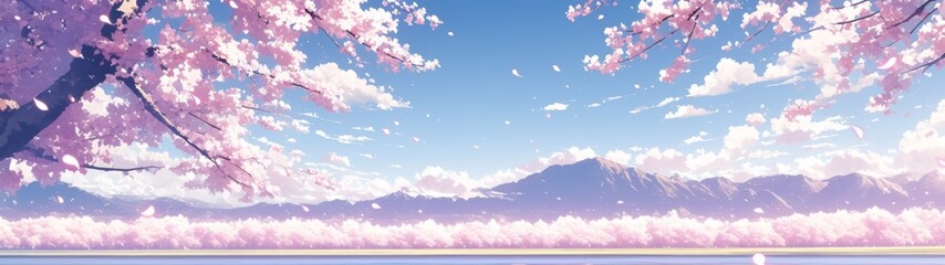 Obraz premium Cherry Blossom Serenity, vibrant cherry blossom trees in full bloom, anime-inspired landscape, minimalist backdrop, clean and open space, evoking tranquility and beauty