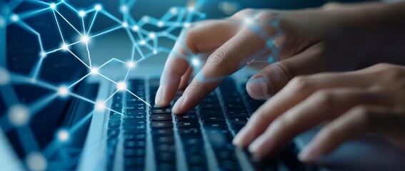 the hand on top, with an outstretched finger about to press down onto a laptop keyboard.