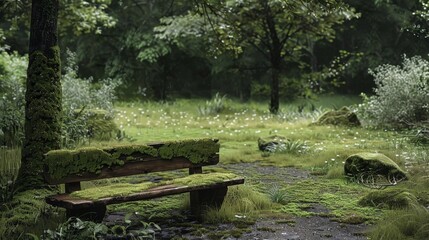 Tranquil Oasis MossCovered Bench in Secluded Park Offers Serenity and Solitude Away from the City Bustle