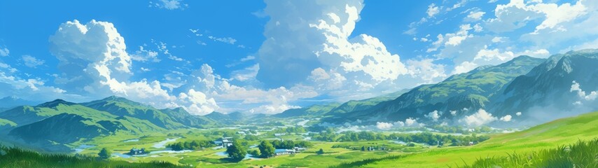 Obraz premium Whimsical Anime Landscape, vibrant colors, playful characters, minimalistic design, inviting atmosphere, imaginative scenery, encourages creativity and joy, open space for exploration