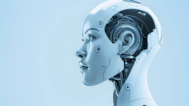 Side view of the face of a female robot. Digital cyborg. High-tech AI bot on a blue background a technology style. Illustration for poster, banner, brochure, cover, and presentation.