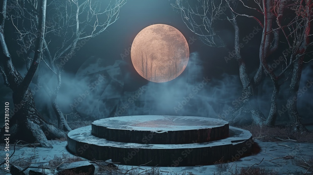 Poster a circular platform stands in the center of a moonlit forest surrounded by bare trees and a layer of