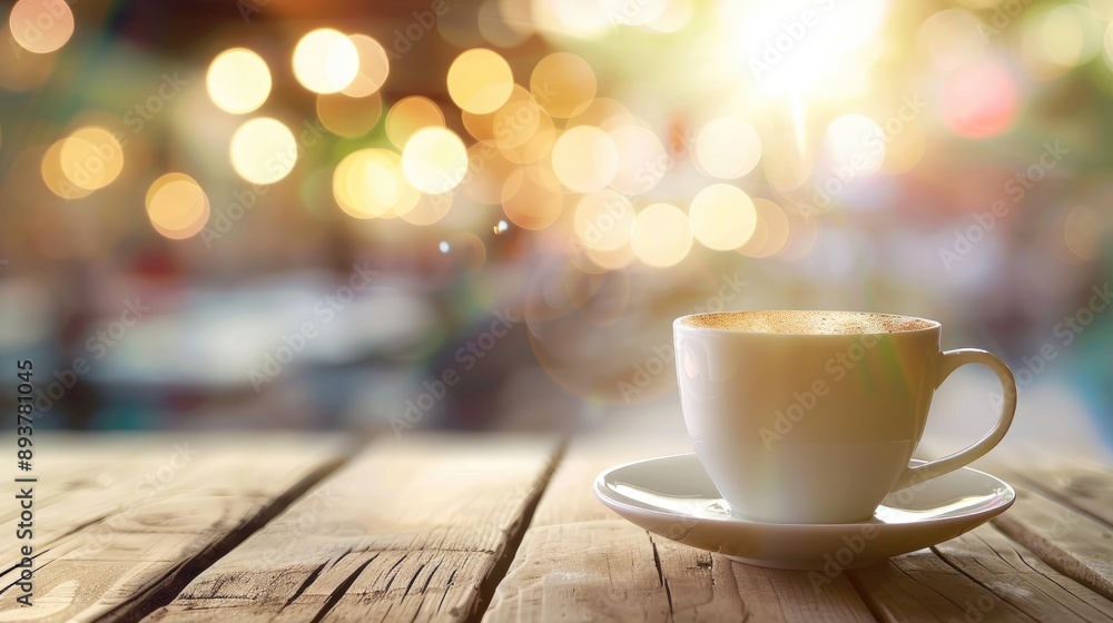 Sticker close up coffee cup on wooden surface with blurred backdrops idea of morning coffee