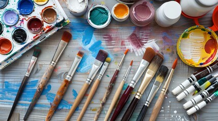 Vibrant Artistic Tools Inspiring Creativity with Colorful Brushes and Paints Stock Image for Artists Designers and Creatives