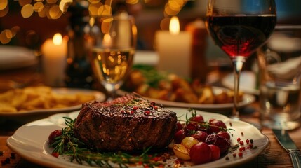 Side view of a steak meal and wine, elegant restaurant setting, AIgenerated, inviting and delicious