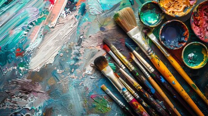 Obraz premium Vibrant Artistic Tools Inspiring Creativity with Colorful Brushes and Paints Stock Image for Artists Designers and Creatives