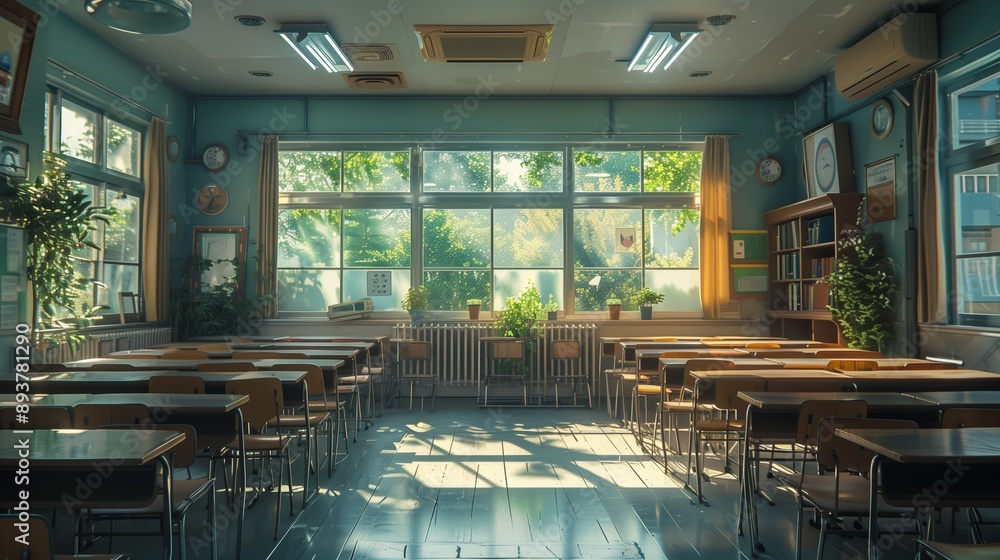Poster empty classroom with desks and windows