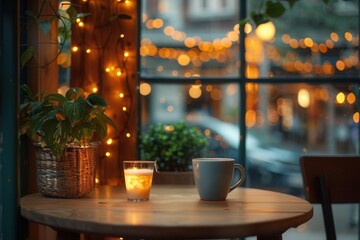 Inviting coffee shop scene, cozy shelf and table, bokeh lights, warm lighting, medium angle, soft focus