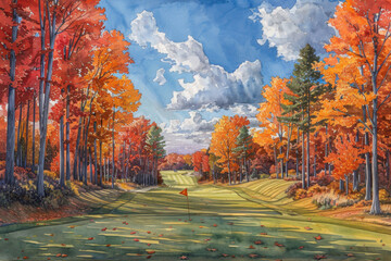 Watercolor illustration of a golf course in autumn, with trees