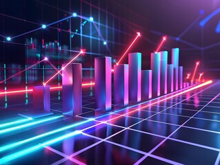 Naklejka premium Futuristic Financial Graphs and Data Analysis with Neon Lights and 3D Bar Charts