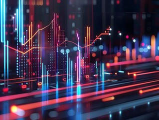 Futuristic Digital Data Visualization with Neon Lights and Graphs in a Dark Background