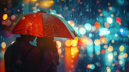 A romantic photograph of a couple sharing an umbrella in the rain