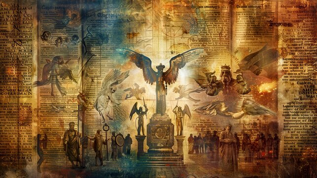 A visual summary scene with key elements from the Book of Enoch: angels, demons, and cosmic secrets depicted as illustrations around the central figure of the book. 