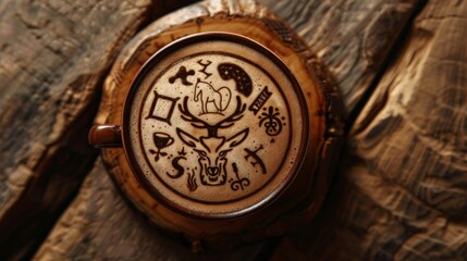 Zodiac Coffee Creations, intricate zodiac symbols crafted in coffee foam, minimalist backdrop, emphasizing simplicity and elegance, inviting contemplation and connection.