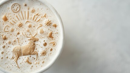 Zodiac Symbols in Coffee Foam Art, intricate designs of astrological signs, delicate patterns atop frothy cappuccino, minimalist backdrop, inviting and serene atmosphere