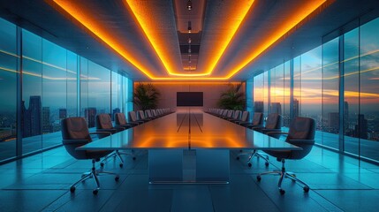 Modern conference room with panoramic city views at sunset, featuring sleek design, vibrant lighting, and comfortable seating for meetings.