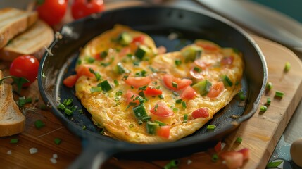 A romantic photograph of a heart-shaped omelette, filled with fresh vegetables and cheese