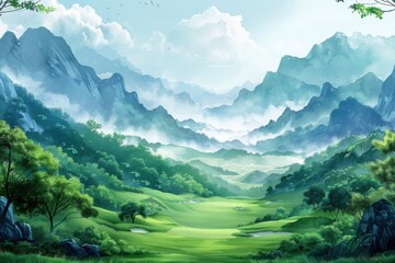 Watercolor illustration of a golf course in early morning mist, with delicate hues and a peaceful atmosphere