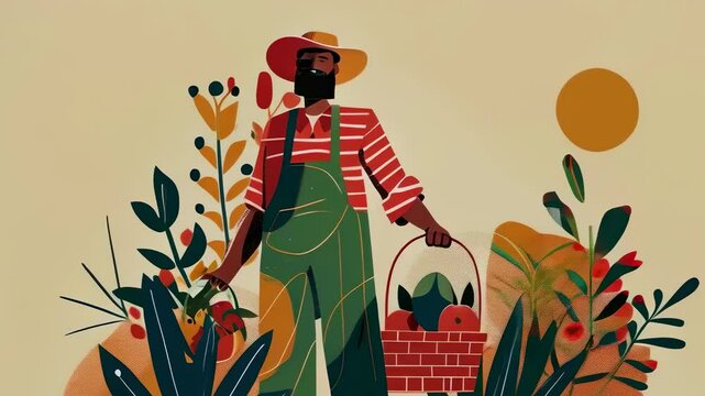 A black farmer stands proudly in overalls and a striped shirt, holding a basket filled with produce. The sun shines brightly, highlighting vibrant plants. The scene evokes a warm, sunny afternoon.