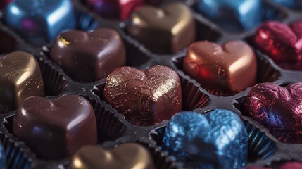 A romantic photograph of heart-shaped chocolates arranged in a box