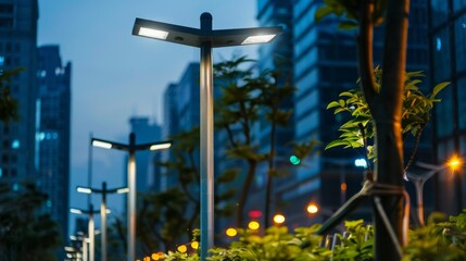 Solar-powered streetlights illuminating a modern city street at dusk, promoting sustainable urban lighting solutions.