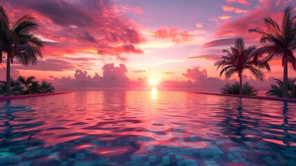 A Tranquil Pool Reflecting a Dramatic Pink Sunset