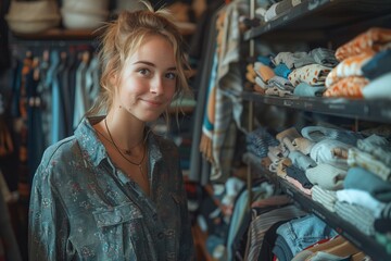 Fototapeta premium Young Woman Browsing Clothes in a Clothing Store