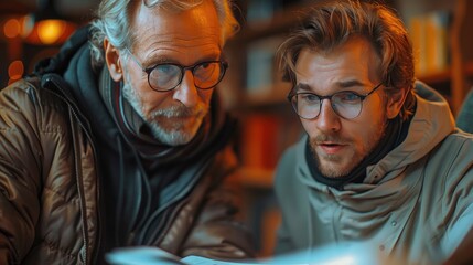 Fototapeta premium Two men focusing intently on a book in a cozy, ambient library setting, wearing glasses and casual clothing, deep in study or discussion.