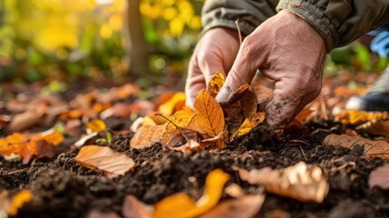A gardener composts fallen leaves to enrich soil for next year's growth, recycling nature's bounty in a sustainable cycle.