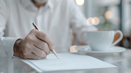 Professional man doing paper deal, top view, soft-focus trendy urban caf?(C), close-up shot, negotiating a catering service agreement.