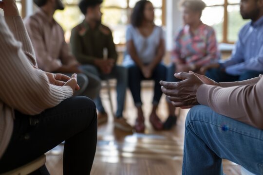 A diverse group of people sitting in a circle, having a serious conversation about their mental health and support services Generative AI