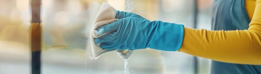 Fototapeta premium Close-up of a person cleaning a glass surface with a cloth and gloves, showcasing household chores and cleanliness.