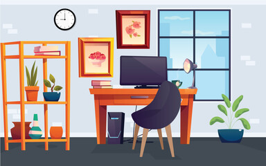 desk illustration, multicolor table, education tools, computer on desk, desktop,