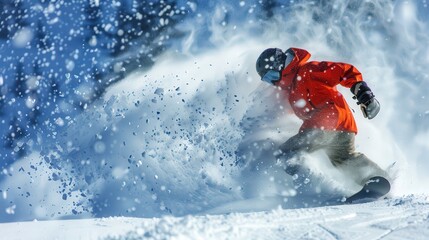 A snowboarder carves through fresh snow in an off-piste area of a popular winter wonderland, capturing the thrill and skill of extreme sports.