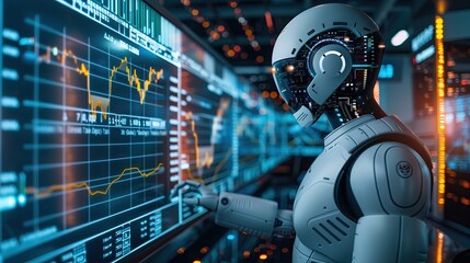 AI algorithms analyzing stock market data with traders monitoring real-time financial charts and graphs. Artificial intelligence in finance,  predictive analytics, market trends, decision-making .