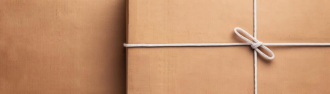 A close-up of a neatly wrapped kraft paper package tied with white string, set against a matching brown background.