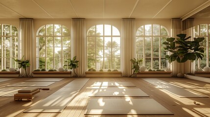 Fototapeta premium Join our serene Pilates class in a sunlit studio with stunning views. Breathe, stretch, and find balance.