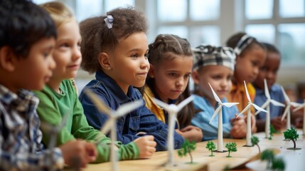 Diverse Group of Children Learning About Wind Energy in Classroom - Renewable Energy Education
