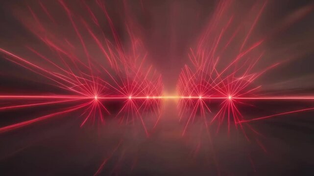 Red laser beams pierce through a dark, smoke-filled atmosphere, creating striking visual effects. The light patterns form an intricate web of lines, suggesting a high-energy, futuristic setting.