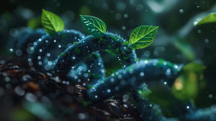Synthetic biology illustration with a plant graphic combined with DNA strands, highlighting the principles of green biotechnology.