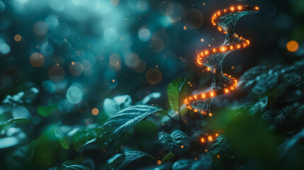 Obraz premium Green biotechnology concept with a visual of a plant integrated with DNA, showcasing the innovation of synthetic biology.