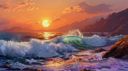 Fototapeta premium Golden Horizon Tranquil Coastal Sunset with Dramatic Waves and Rocky Shoreline Serene Nature Landscape Photography for Relaxation and Inspiration