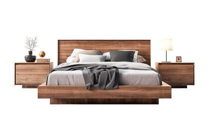 A modern bedroom furniture set with a low platform bed, nightstands, and dresser, isolated on a transparent background.