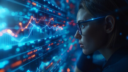 Dark blue background featuring a stock market graph, highlighting financial trends and data visualization.