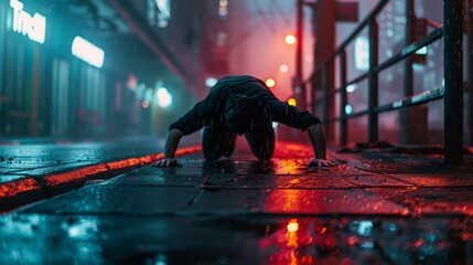 A dynamic shot shows someone doing push-ups in an urban setting, highlighting strength and determination.