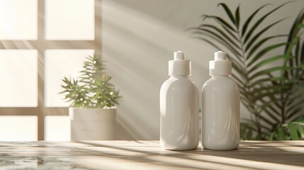 Two White Bottles Resting on a Wooden Table in a Sunlit Room