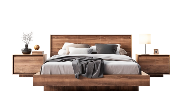 A modern bedroom furniture set with a low platform bed, nightstands, and dresser, isolated on a transparent background.