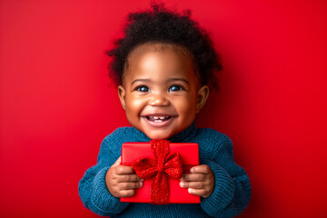 Cute smiling black african american baby girl holding a red gift box