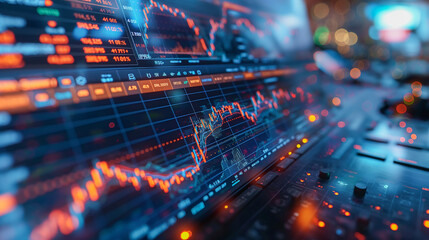 Dark blue background featuring a stock market graph, highlighting financial trends and data visualization.